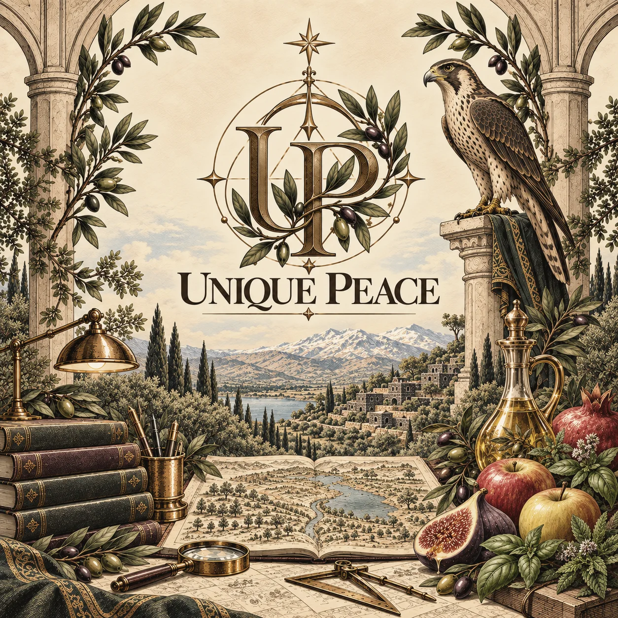 Unique Peace: zentriertes UP-Monogramm im Olivenkranz, Falke, Stern, Lampe, Früchte und eine gemalte Landschaft.